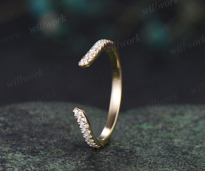 Curved open gap diamond wedding band solid 14k yellow gold half eternity stackable matching dainty bridal ring women gift