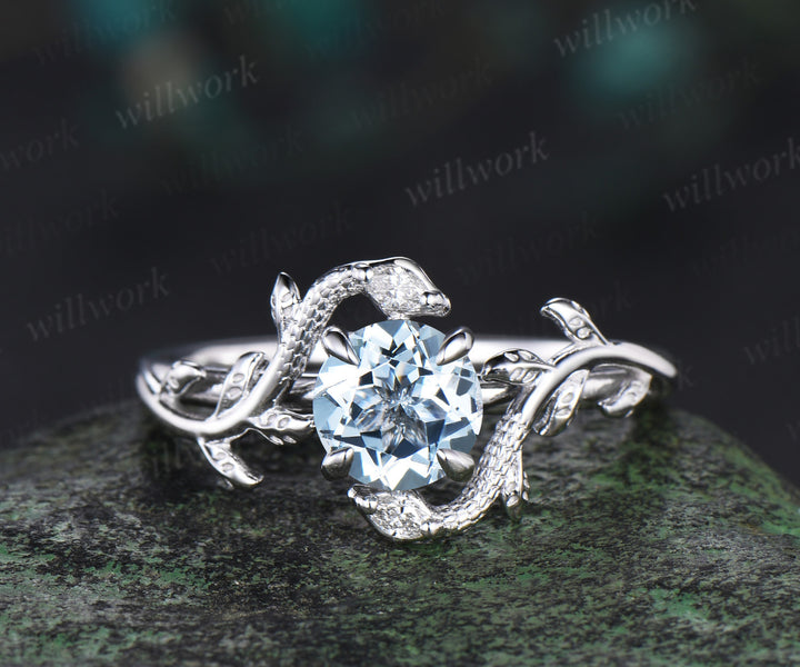 Vintage round cut Aquamarine Engagement Ring 14k White Gold leaf Double Snake diamond ring women nature inspired promise ring her gift