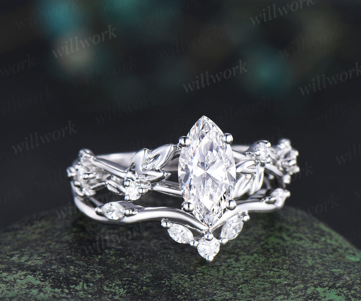 Nature inspired marquise cut lab-grown diamond engagement ring women twig leaf white gold ring branch diamond-accented bridal ring set