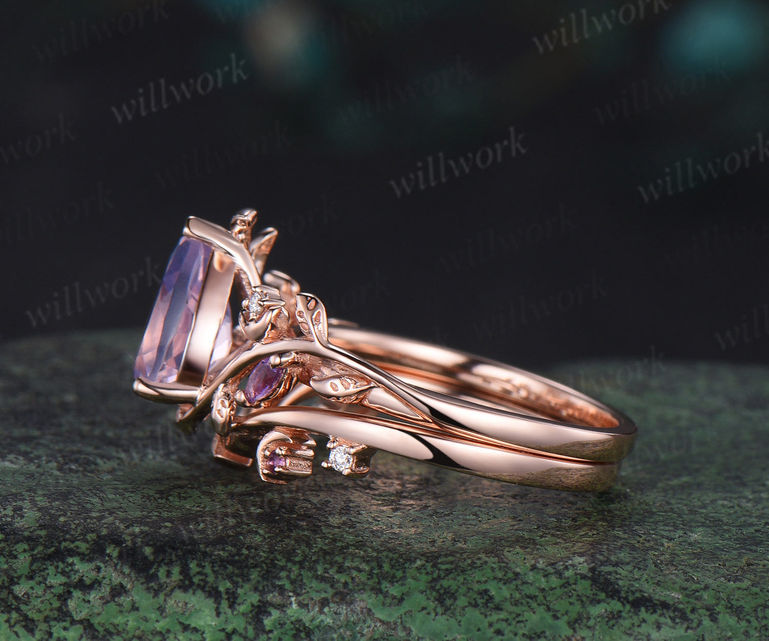 Pear Shaped Amethyst Engagement Ring Set For Women Art on sale Deco Amethyst 3 Piece Wedding Ring Set Antique Anniversary Ring Set Gift For Her