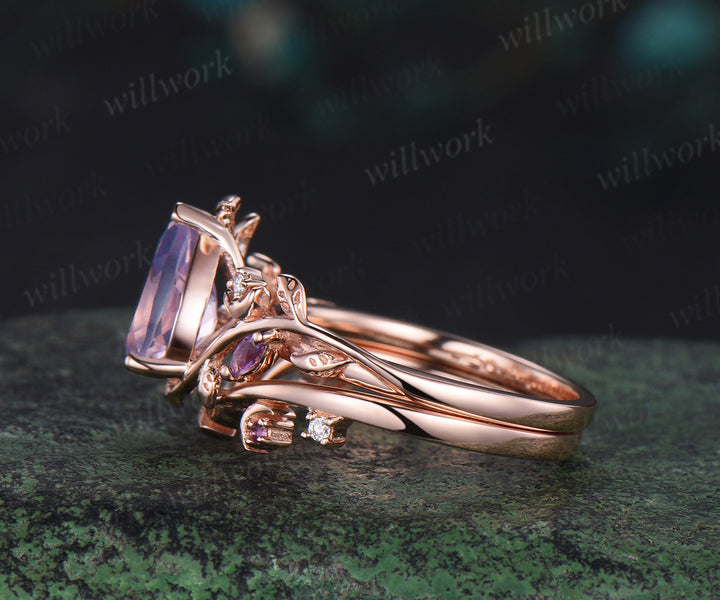 Vintage pear shaped Lavender Amethyst engagement ring rose gold nature inspired leaf moon moissanite wedding bridal ring set women