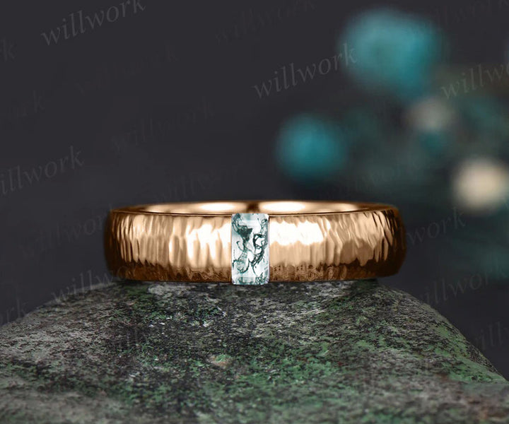 14k rose gold wedding band green moss agate men's ring gift for him anniversary gift