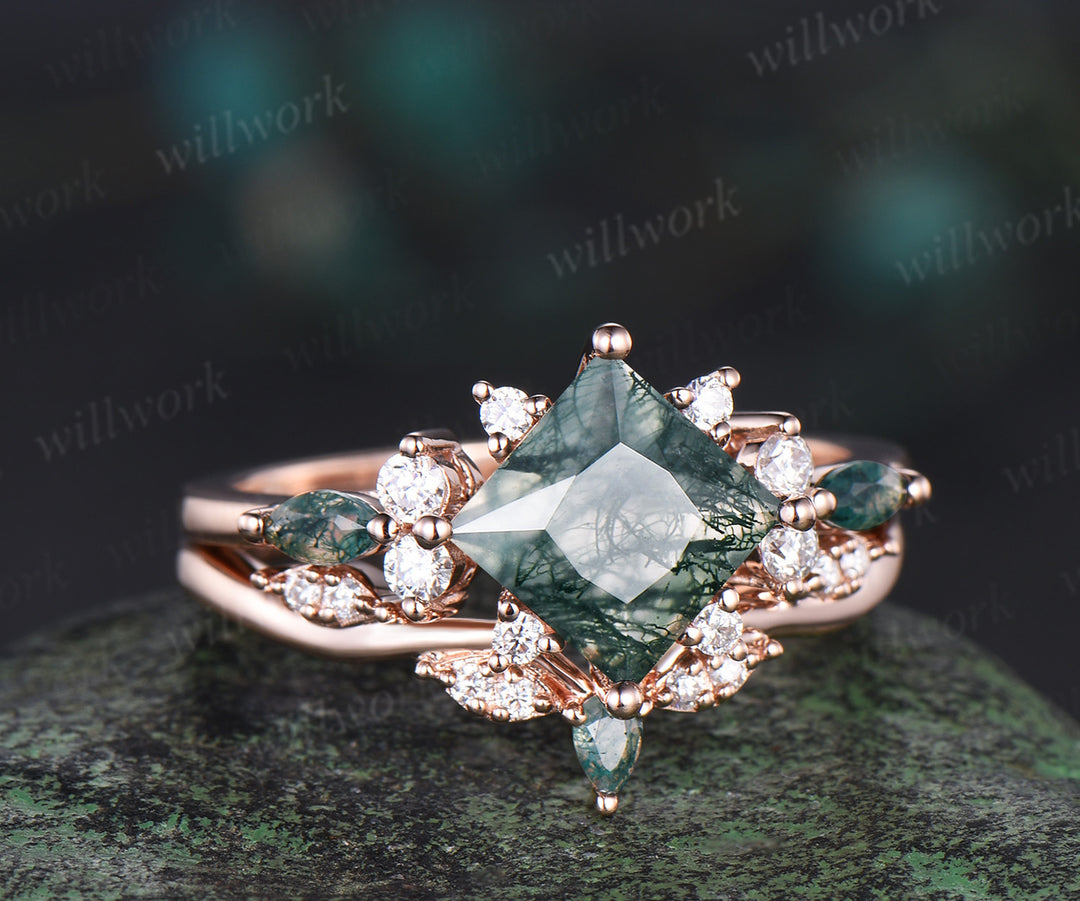 Pincess cut moss agate engagement ring set cluster diamond rose gold ring women stacking promise wedding ring set