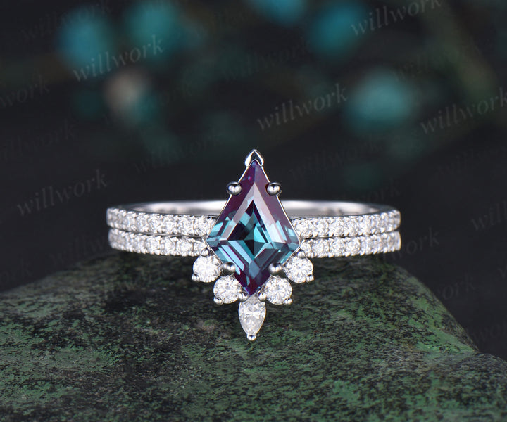 Kite cut alexandrite engagement ring white gold half eternity diamond wedding bridal ring set women jewelry