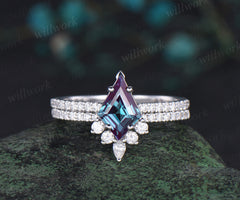 Kite cut alexandrite engagement ring white gold half eternity diamond wedding bridal ring set women jewelry