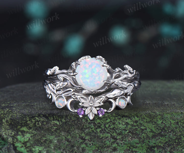 Round White Opal Engagement Ring Black Gold Leaf Branch Bridal Set Nature Inspired Floral Wedding Ring October Birthstone Promise Women Gifts