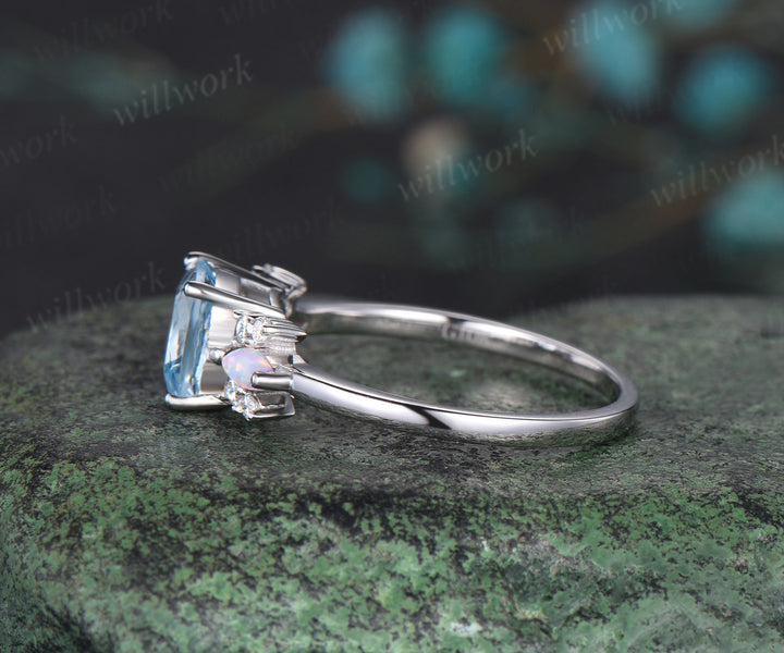 Cushion cut natural aquamarine engagement ring solid 14k white gold opal diamond ring unique March birthstone wedding promise ring women