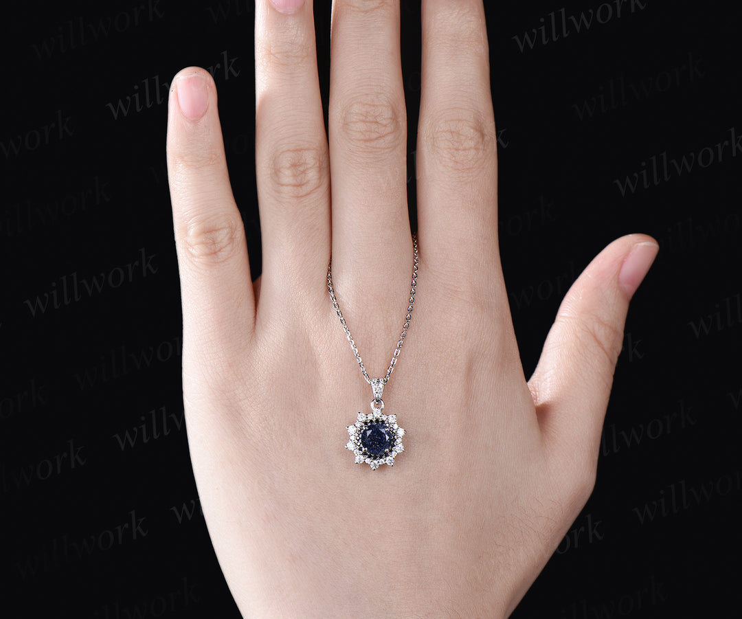 Unique Galaxy Blue Sandstone Necklace Minimalist Delicate Double Halo Moissanite Black Spinel Diamond Pendant 14k White Gold Healing Jewelry