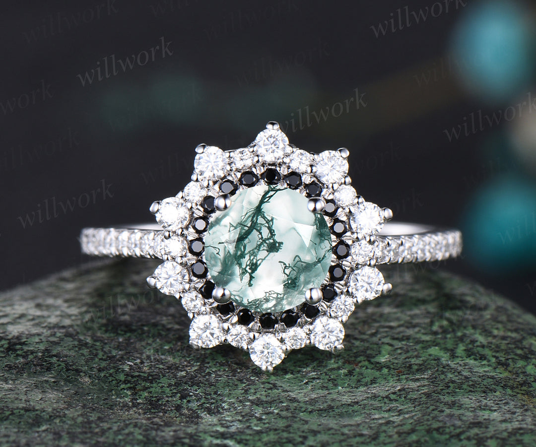 Round Cut Natural Green Moss Agate Engagement Ring Unique Double Halo Diamond Moissanite Black Spinel Wedding Ring 14k White Gold Bridal Ring