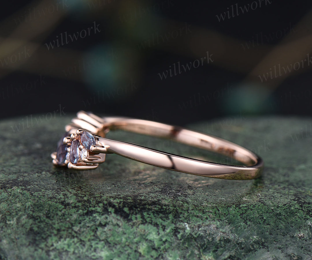 Alexandrite moissanite curved wedding band vintage rose gold open