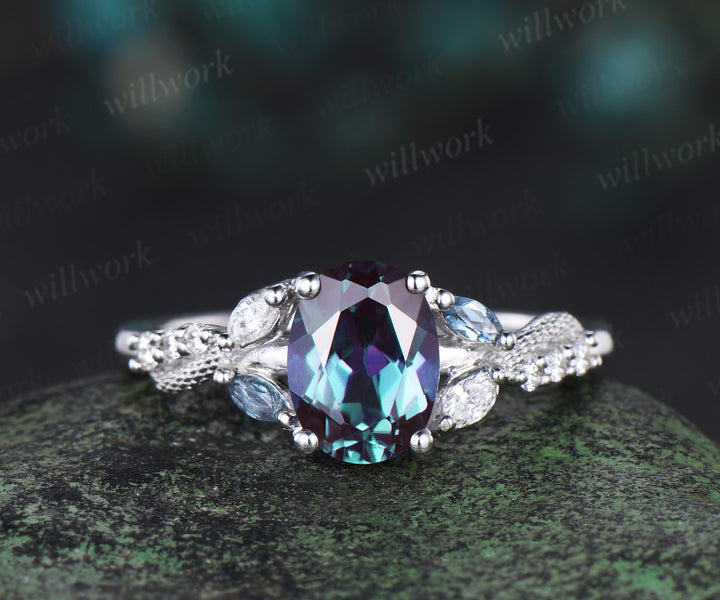 Oval Alexandrite Wedding Ring Double Snake Engagement Ring white gold Cluster Diamond topaz Wedding Ring Unique Serpent Ring Proposal Gift for Her