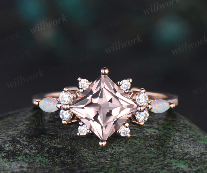 Pincess cut morganite engagement ring set cluster diamond rose gold opal ring women stacking promise wedding ring set