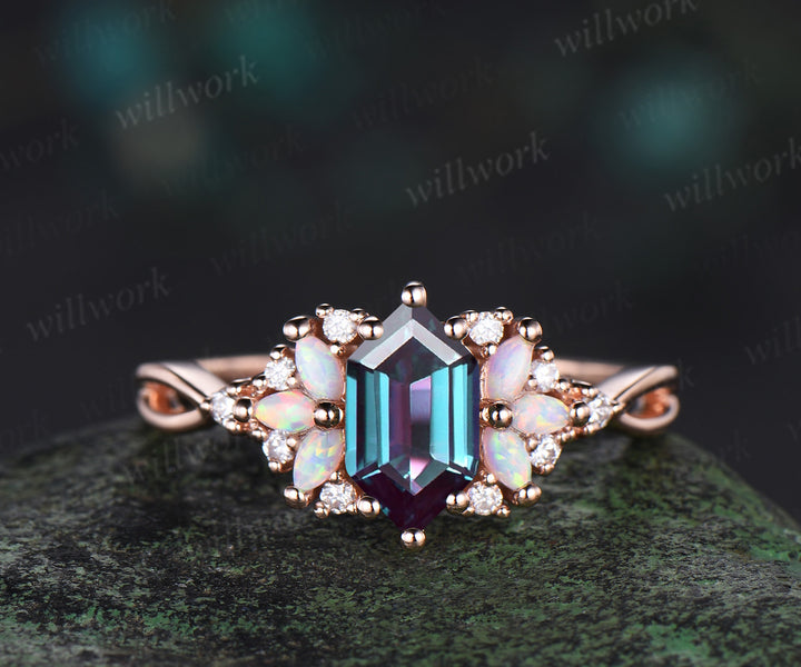 Long Hexagon cut alexandrite engagement ring rose gold women cluster opal diamond unique promise ring her infinity anniversary gfit