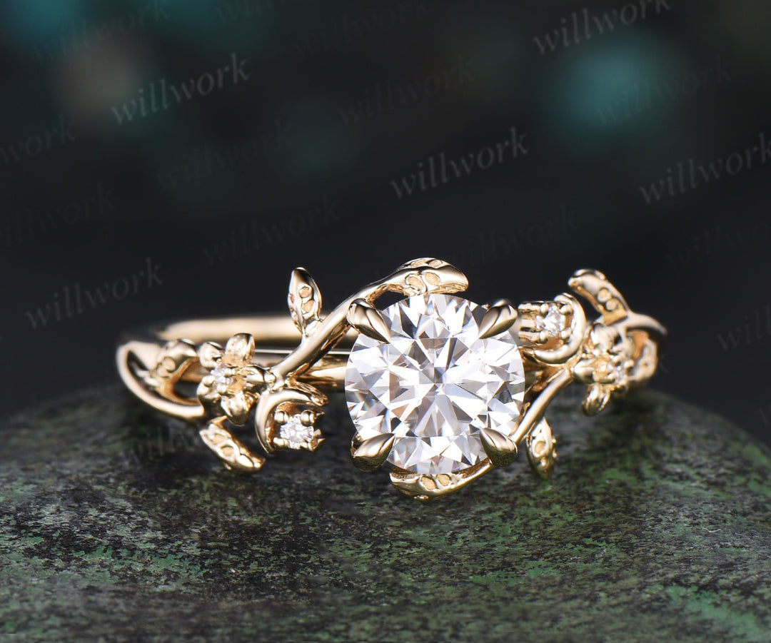 1ct Round cut moissanite engagement ring 14k yellow gold moon floral five stone diamond ring vintage leaf branch promise ring women