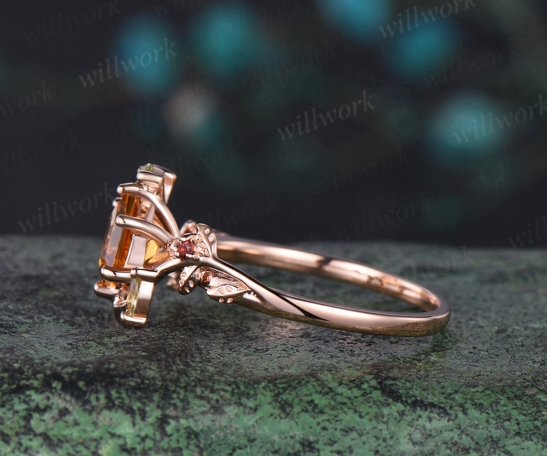 Hexagon cut yellow citrine engagement ring rose gold leaf 6 prong peridot garnet bridal anniversary ring women