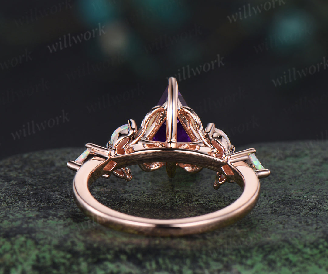 Unique kite cut amethyst engagement ring leaf kite opal ring 14k rose gold art deco promise anniversary gift