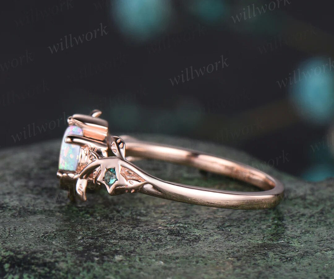 Art Deco Round Cut white Opal Bridal Ring Unique Emerald Leaf Moon Star Nature Inspired Engagement Ring 14k Rose Gold Promise Gift