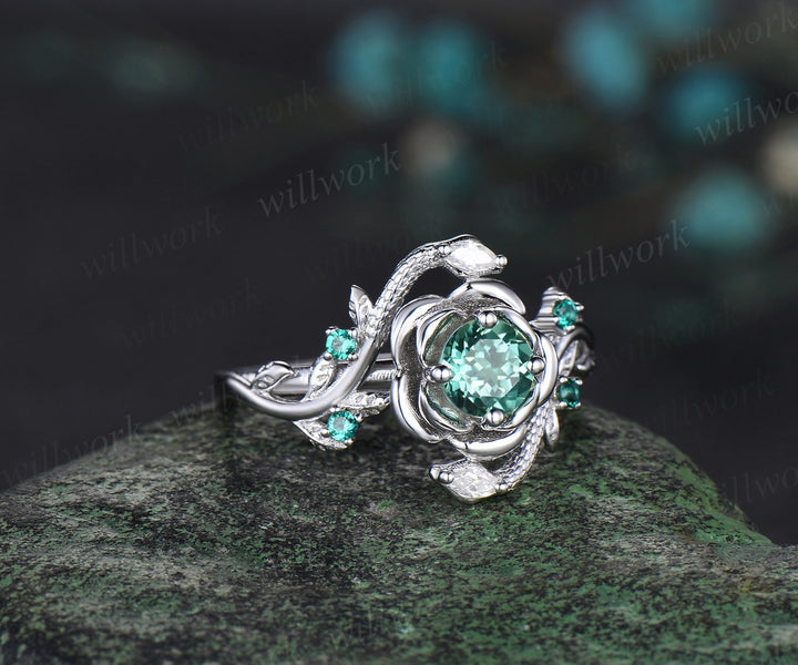 Round cut green sapphire ring vintage leaf floral double snake engagement ring 18k white gold emerald wedding ring women