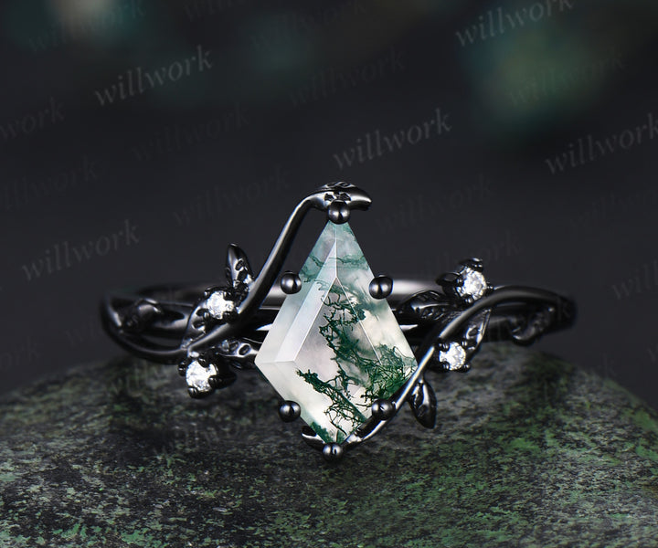 Unique kite cut moss agate leaf engagement ring set twig nature inspired 14k black gold diamond enhancer wedding ring band women