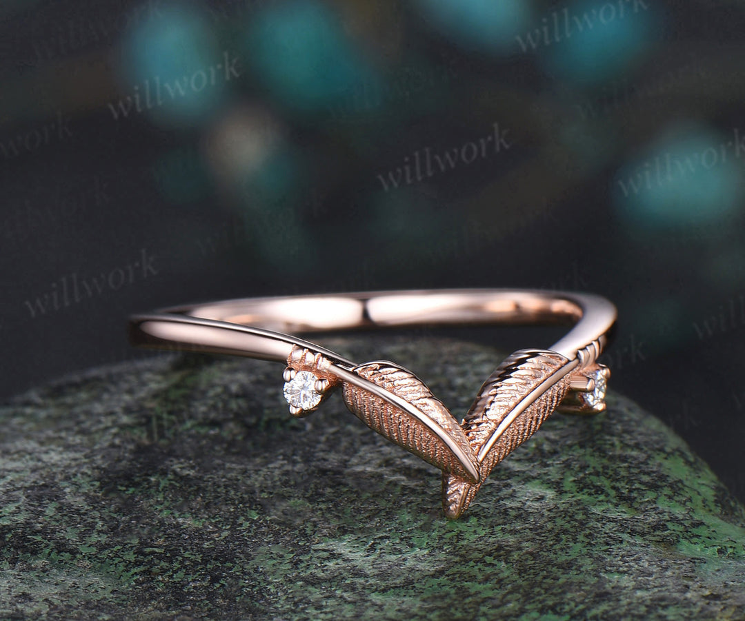 Curved leaf diamond wedding band solid 14k rose gold two stone nature inspired matching stacking bridal wedding ring women