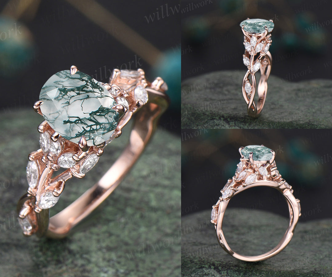 Natural moss agate engagement ring vintage floral twig moissanites ring rose gold nature inspired ring for women gift
