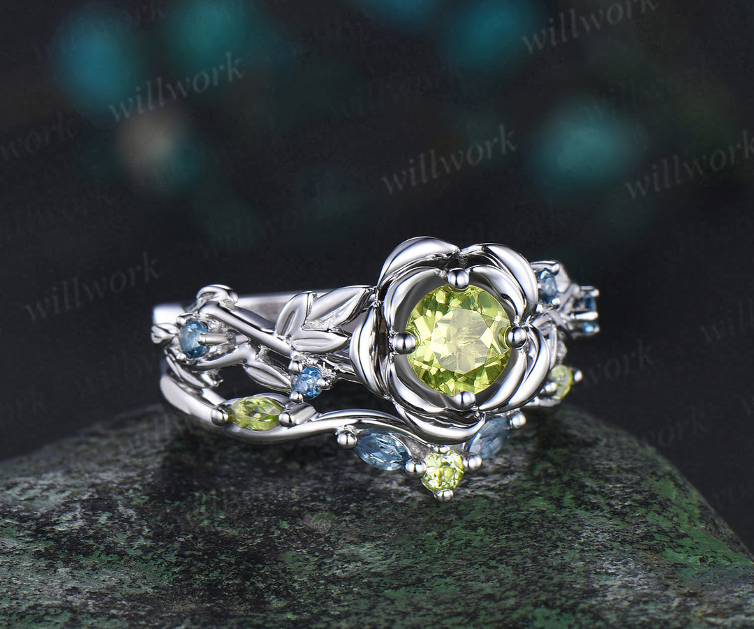 Vintage round cut peridot engagement ring white gold flower floral leaf twisted five stone anniversary ring set women gift