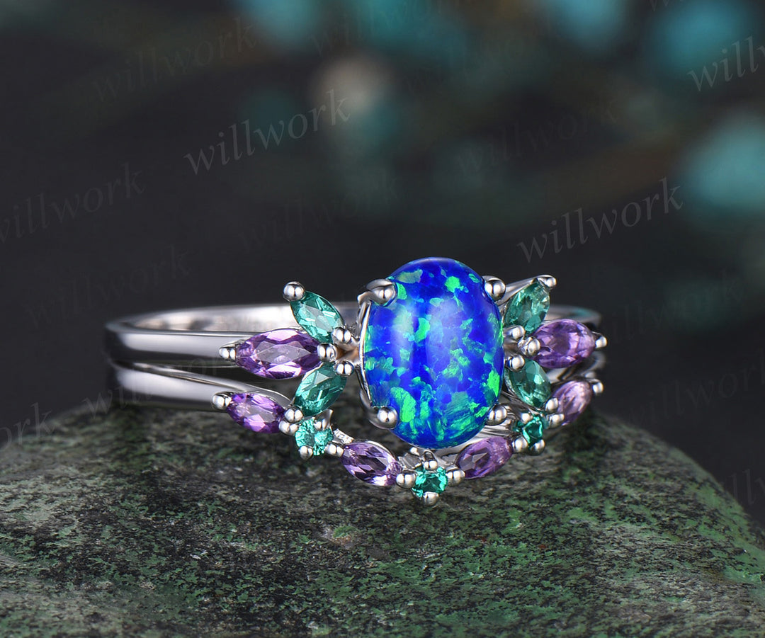 Blue Opal Wedding Ring Set Oval Opal Engagement Ring 14k White Gold Emerald Amethyst Promise Jewelry Anniversary Gift