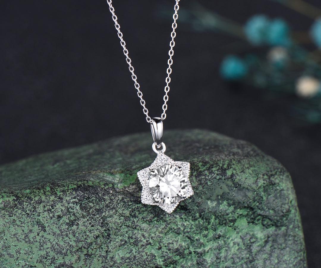 Unique Round Cut Moissanite Necklace Minimalist hexagram Halo Moissanite Pendant 14k White Gold Bridal Jewelry Christmas Snow gift
