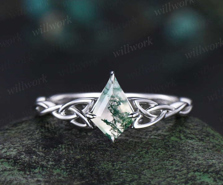 kite cut natural moss agate Celtic knot Solitaire engagement ring white gold Norse Viking Jewelry women anniversary gifts