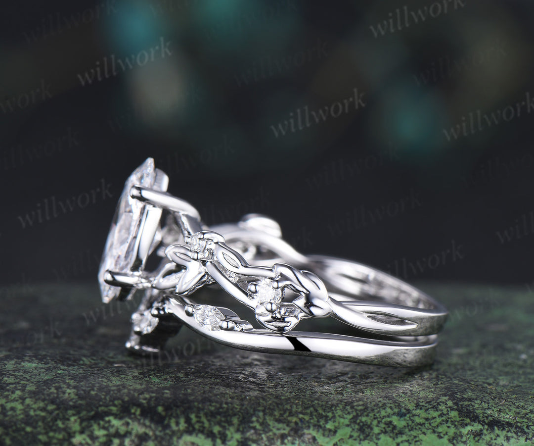 Nature inspired marquise cut lab-grown diamond engagement ring women twig leaf white gold ring branch diamond-accented bridal ring set
