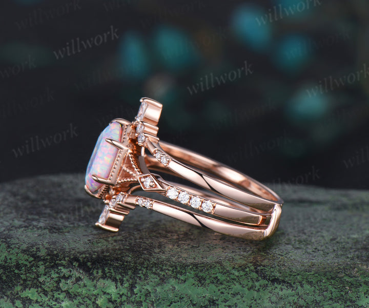 Long hexangon cut white opal engagement ring set rose gold vintage unique moissanite wedding band enhancer bridal set women