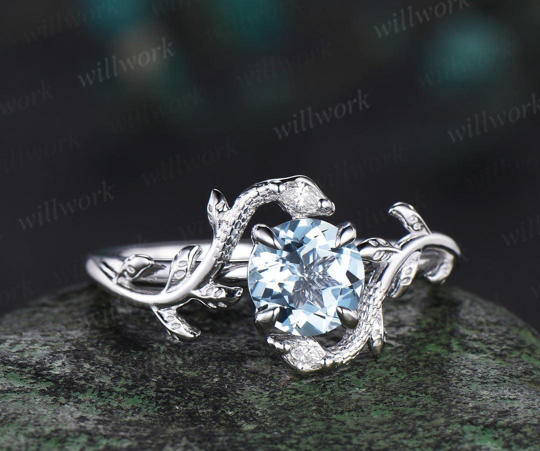 Vintage round cut Aquamarine Engagement Ring 14k White Gold leaf Double Snake diamond ring women nature inspired promise ring her gift