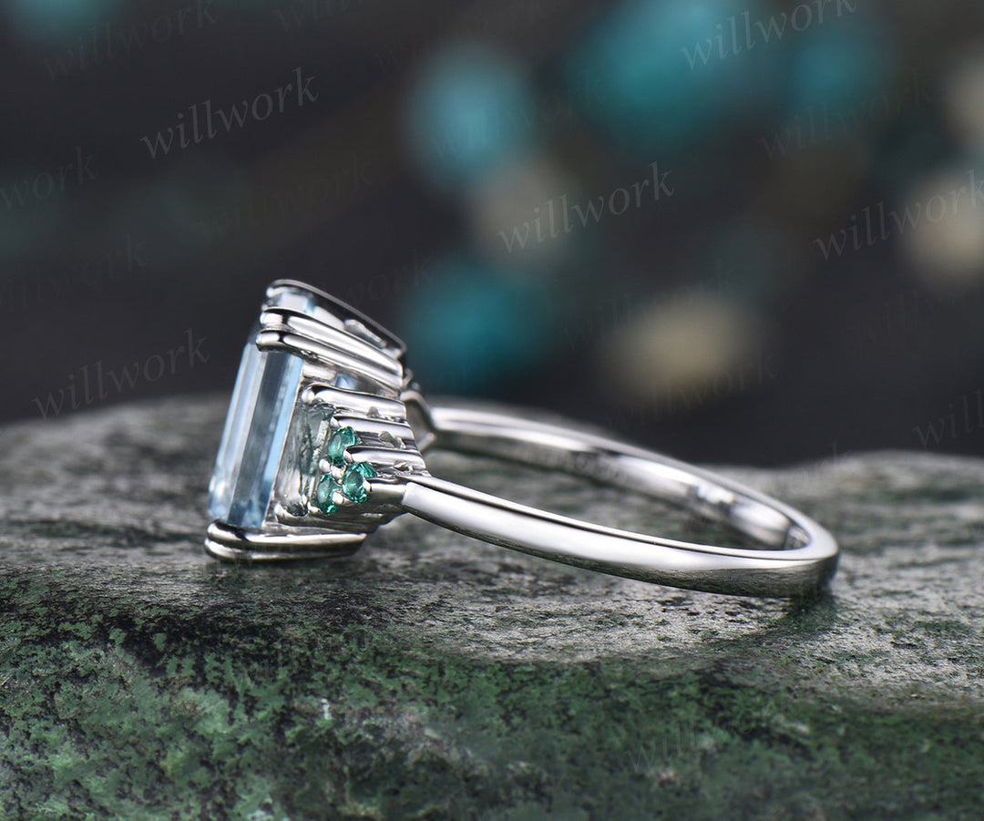 Emerald cut diamond engagement ring- turquoise accent stone-14k white gold-size 6