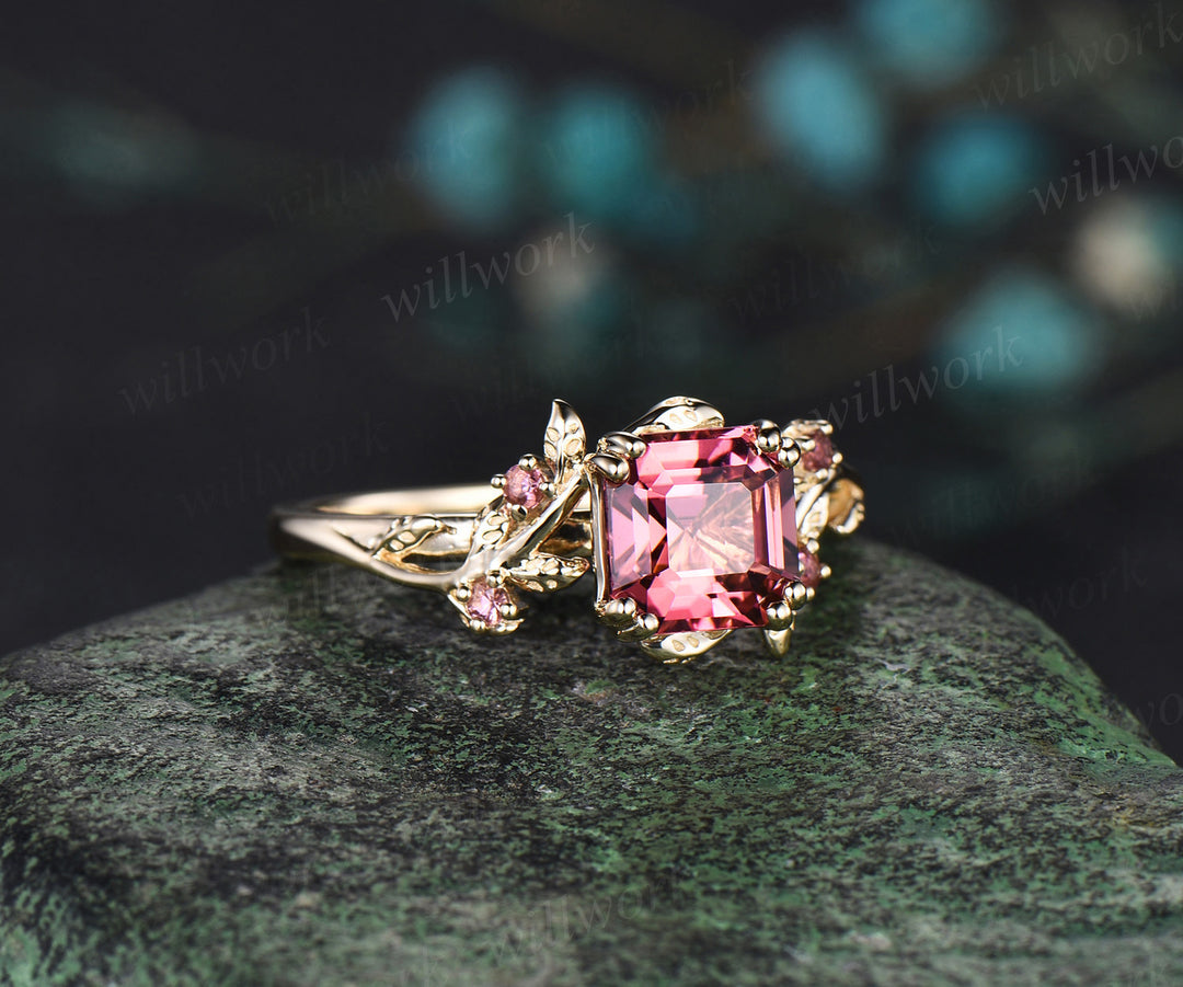 Vintage Asscher Cut Pink Tourmaline Engagement Ring solid 14k yellow gold five stone leaf branch wedding ring women jewelry