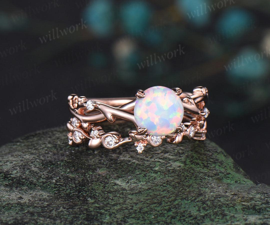 Round white opal ring vintage leaf nature inspired four prong opal engagement ring art deco twisted branch wedding band ring set for women