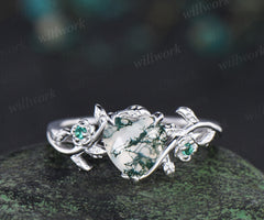 Heart cut green moss agate engagement ring women leaf floral emerald 14k white gold nature inspired promise wedding ring women gift