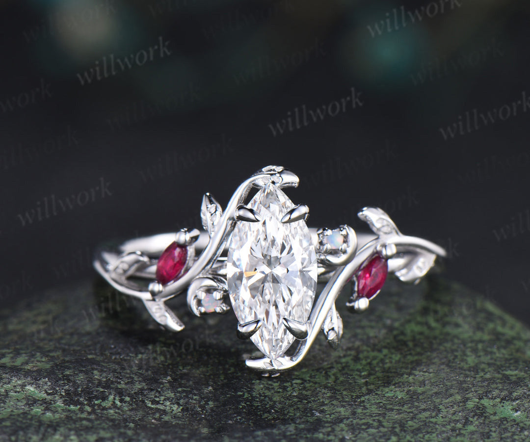 Marquise lab grown diamond ring set leaf moon twig ring ruby opal accents nature inspired bridal set