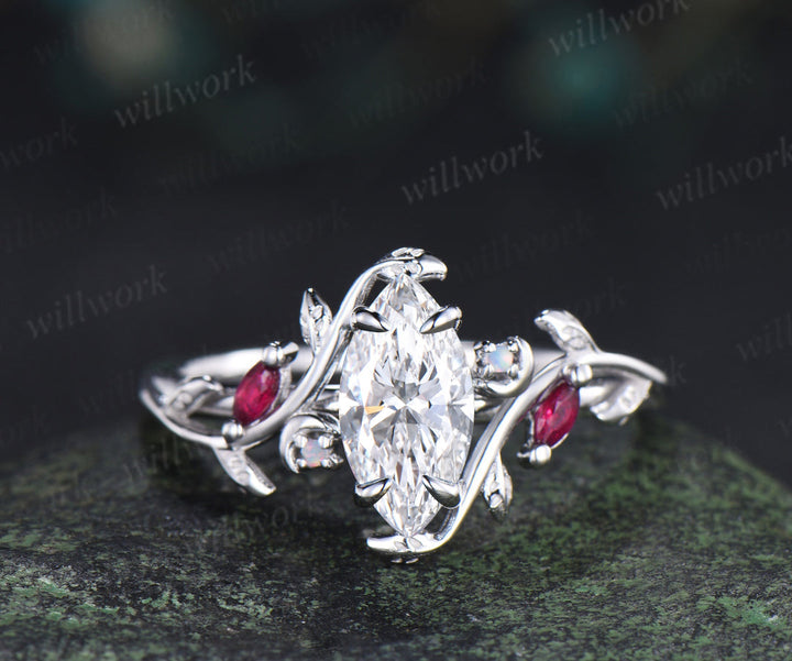 Marquise lab grown diamond ring set leaf moon twig ring ruby opal accents nature inspired bridal set