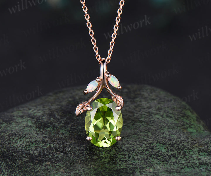 Oval cut peridot Necklace 14k rose gold three stone opal leaf Nature Inspired Pendant antique anniversary gift jewelry