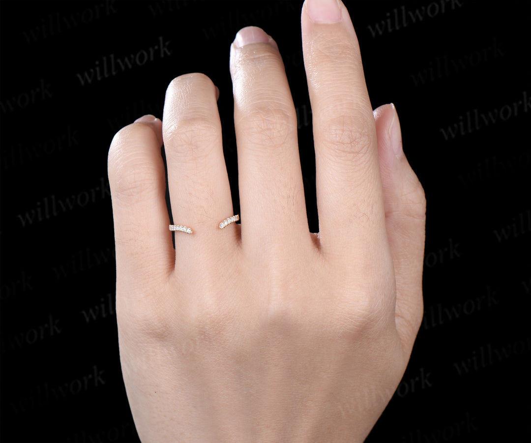 Curved open gap diamond wedding band solid 14k yellow gold half eternity stackable matching dainty bridal ring women gift