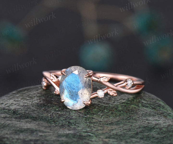 Oval blue labradorite engagement ring set twig branch ring curved leaf moissanite wedding band bridal set for women