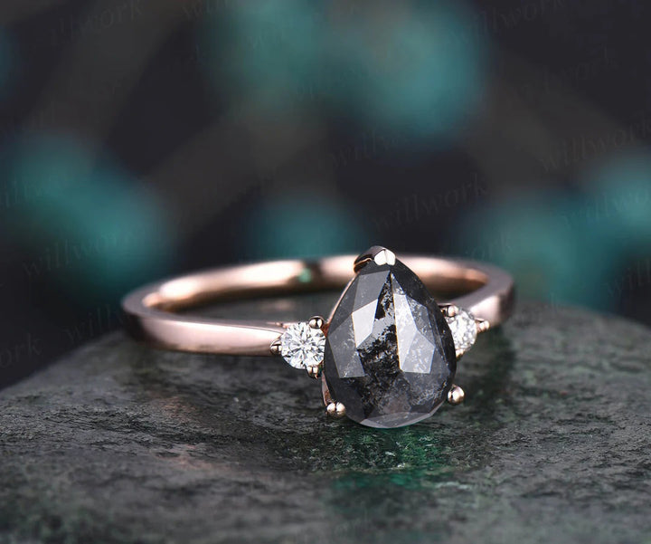 Unique Pear Salt and Pepper Diamond Engagement Ring Three Stone Diamond Accented Promise Ring for Her