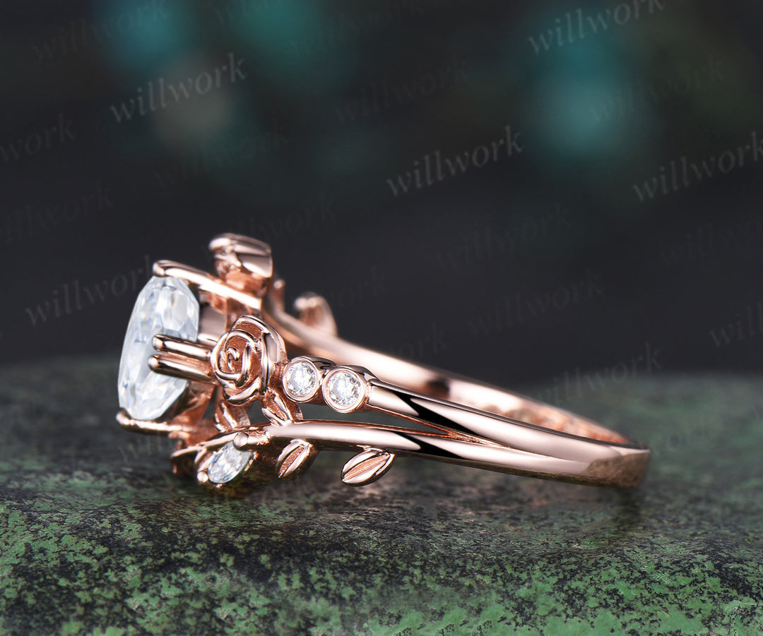 1ct round cut moissanite engagement ring floral leaf diamond ring women rose gold nature inspired promise ring her gift