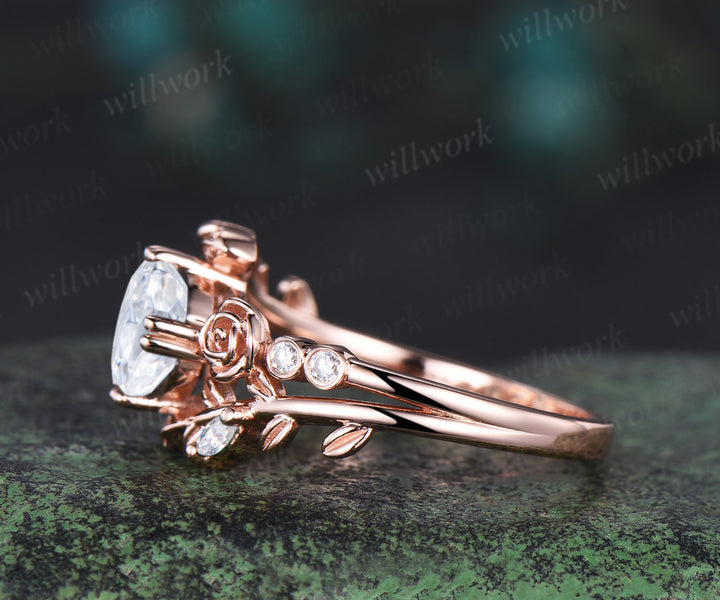 1ct round cut moissanite engagement ring floral leaf diamond ring women rose gold nature inspired promise ring her gift