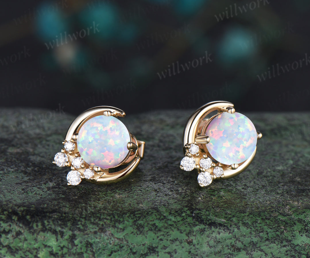 Round opal stud earrings solid 14k yellow gold October birthstone moon cluster diamond earrings anniversary gift for women