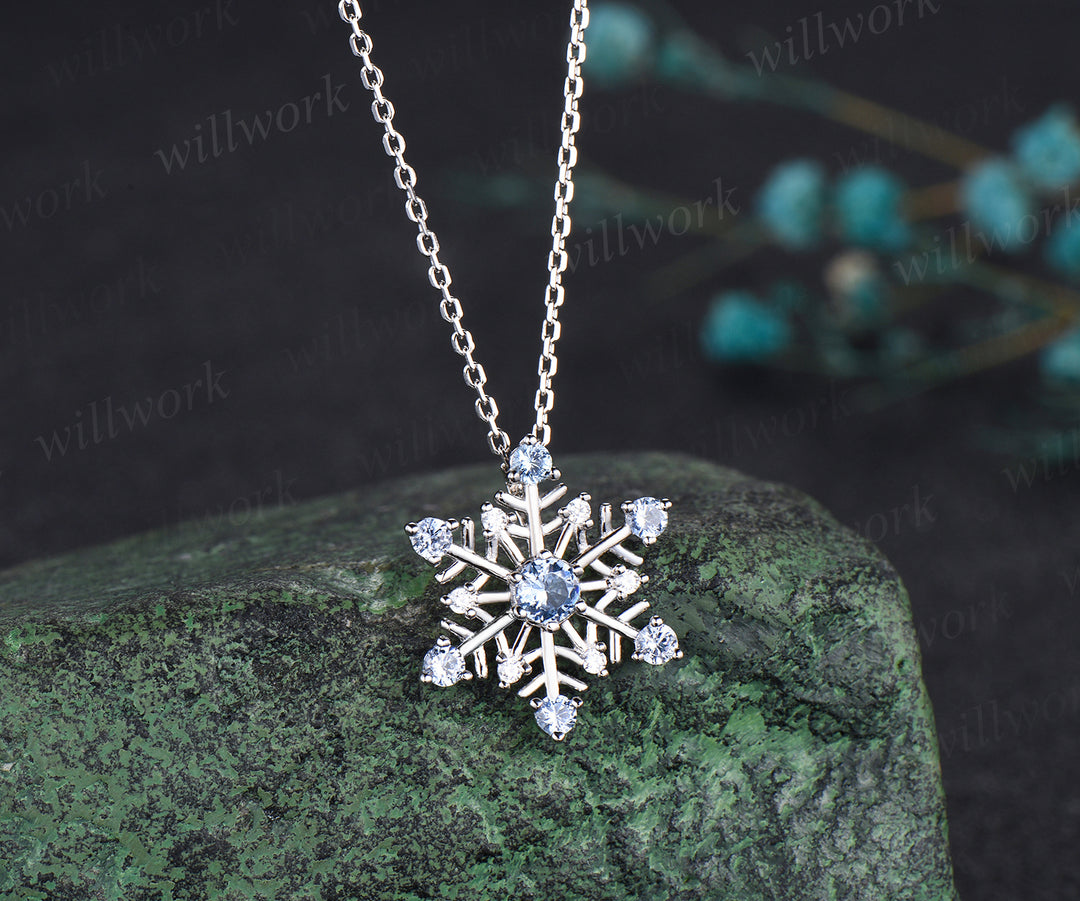 Christmas Snowflake Necklace Christmas Atmosphere Jewelry with a snow  blue topaz  with perfect 925 sterling silver Christmas Eve Jewelry Gifts for her