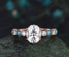 2ct Unique Oval Moissanite Half Eternity Engagement Ring Vintage Round Bezel Turquoise rose gold Art Deco Bridal Ring Anniversary Gift