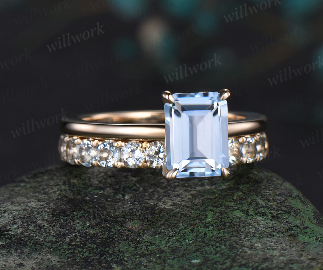 Emerald cut natural aquamarine engagement ring 14k yellow gold under halo diamond ring women wedding band