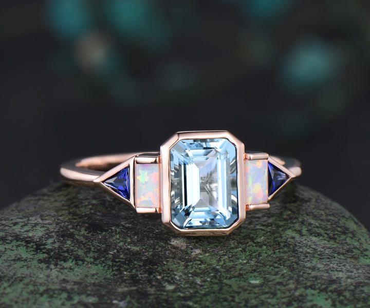 Bezel emerald cut aquamarine engagement ring rose gold five stone Baguette opal ring Trilliant sapphire ring retro unique anniversary gift