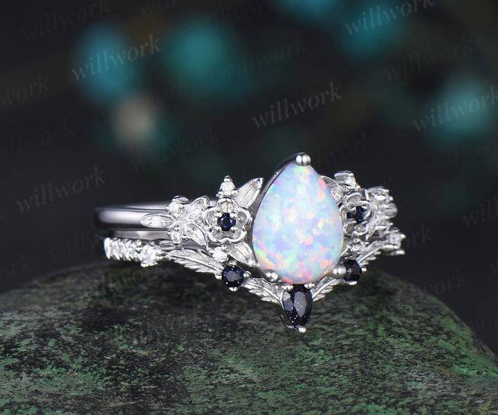 Pear opal engagement ring white gold leaf floral unique cluster blue sandstone diamond bridal wedding ring set women gift